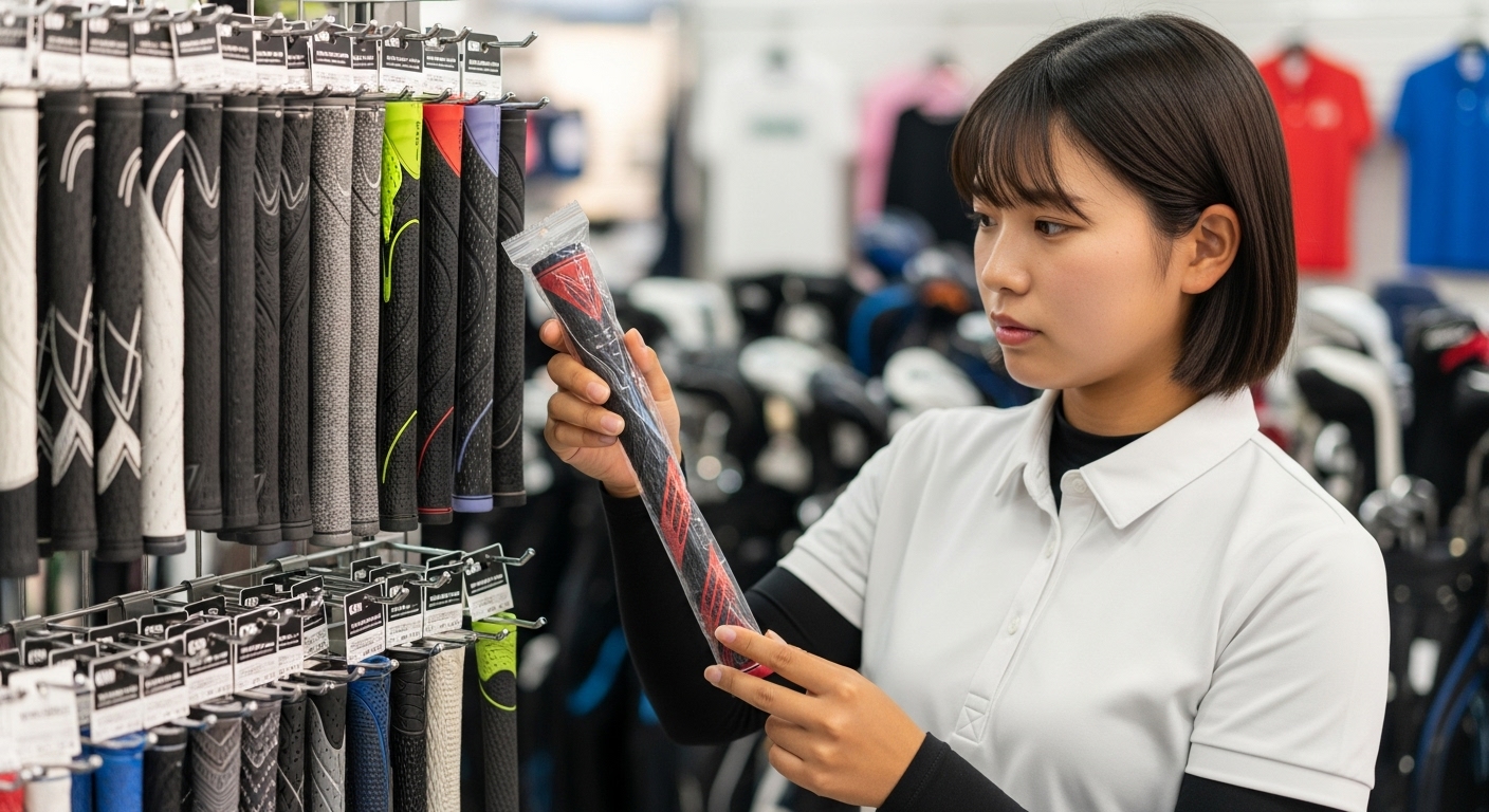 ゴルフグリップを選ぶ女性ゴルファーイメージ