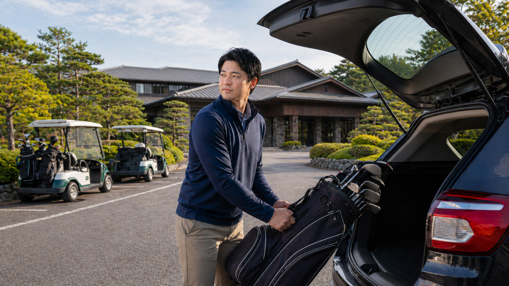 初のゴルフラウンドでゴルフ場に到着したゴルファーイメージ画像