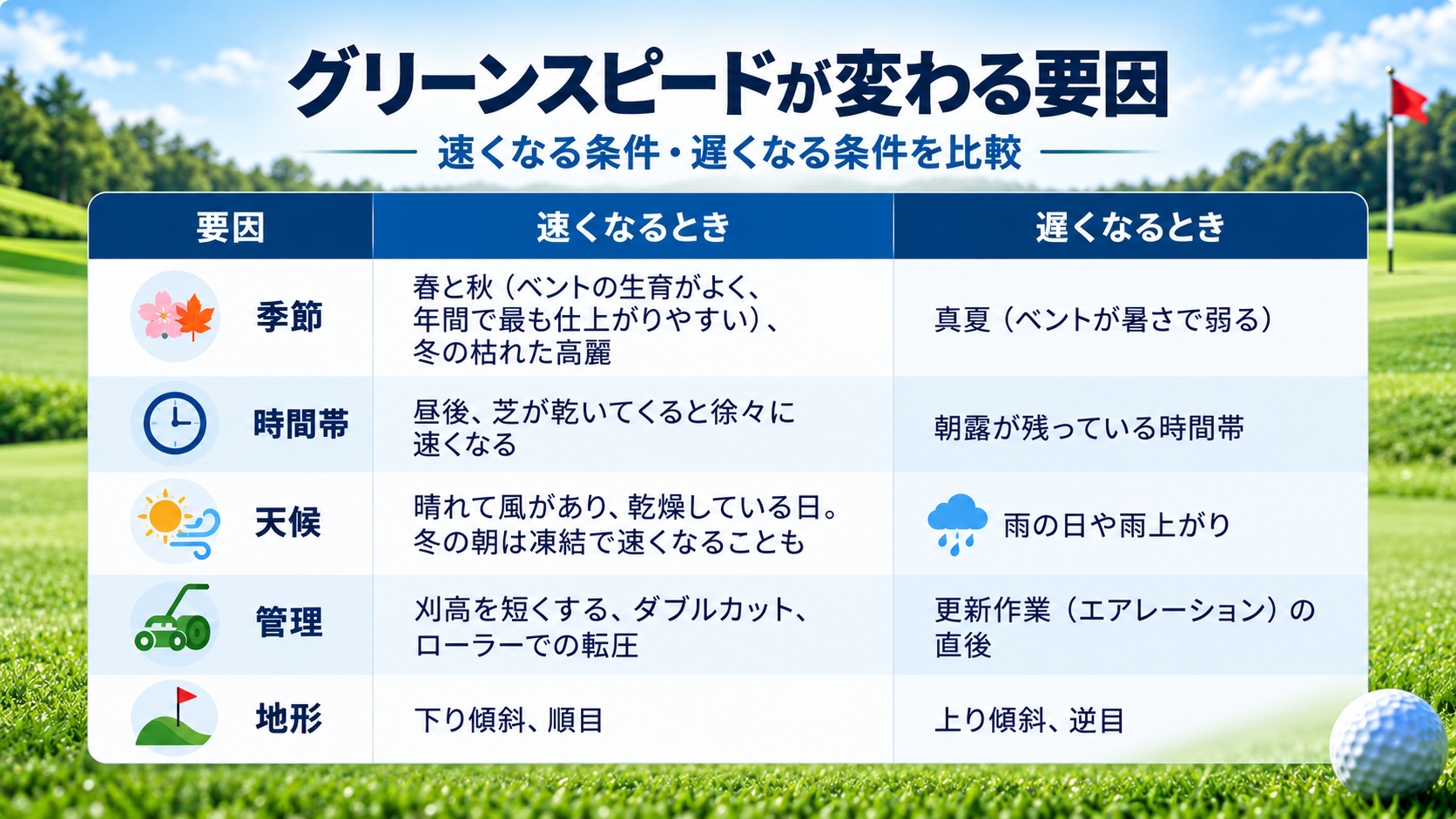 グリーンスピードを左右する要因表